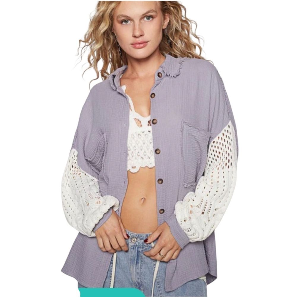 Oddy Nwt Miami Lantern Sleeve Button Up Over Sized Shirt Blouse Size Medium